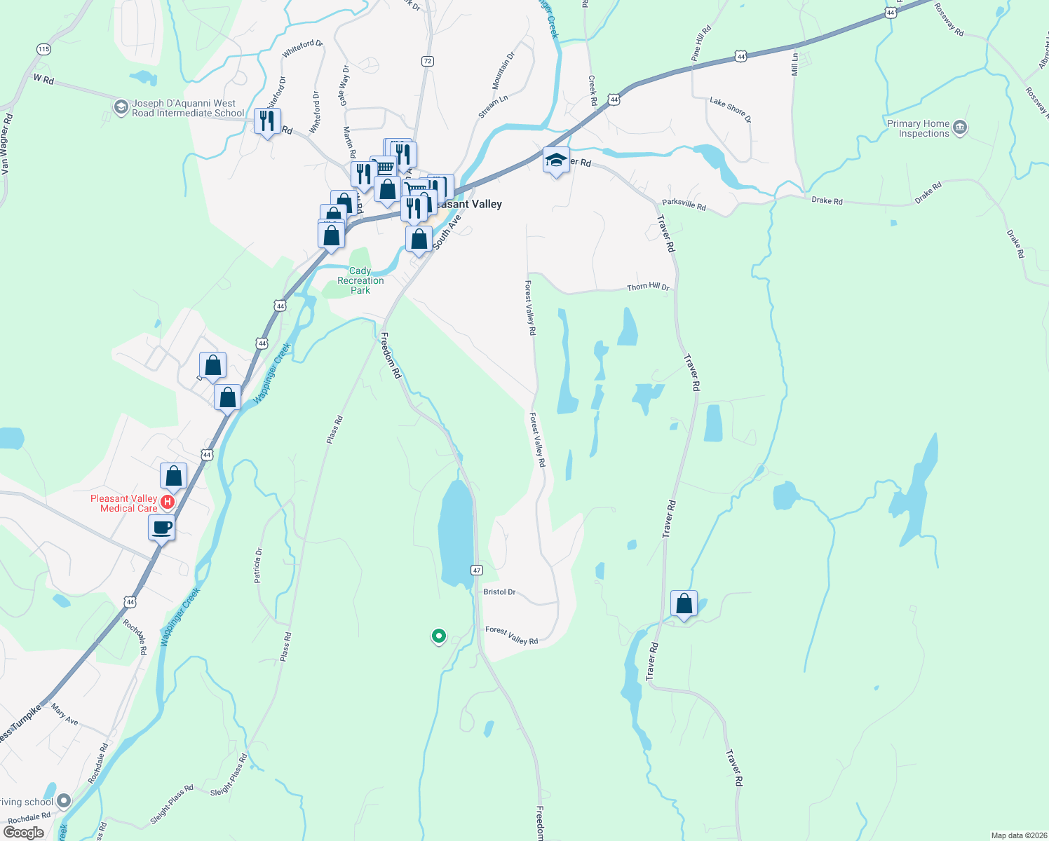 map of restaurants, bars, coffee shops, grocery stores, and more near 191 Forest Valley Road in Pleasant Valley