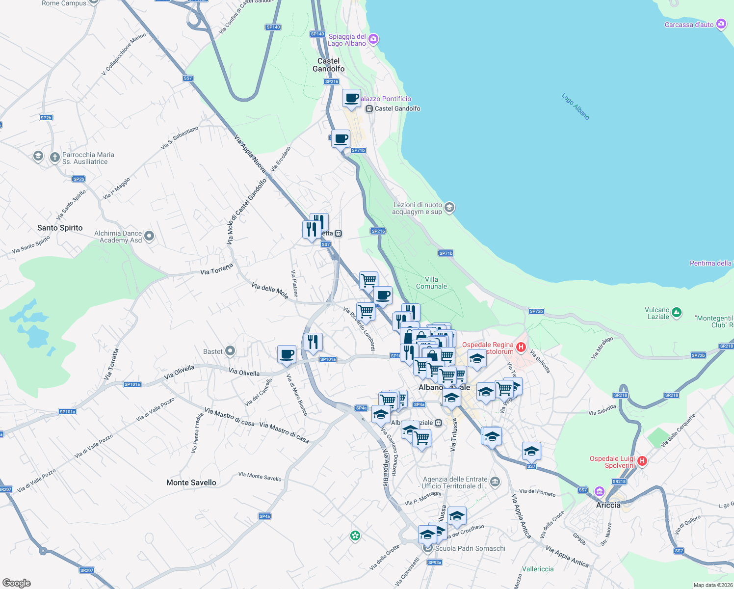 map of restaurants, bars, coffee shops, grocery stores, and more near 23 Via Appia Nuova in Albano Laziale