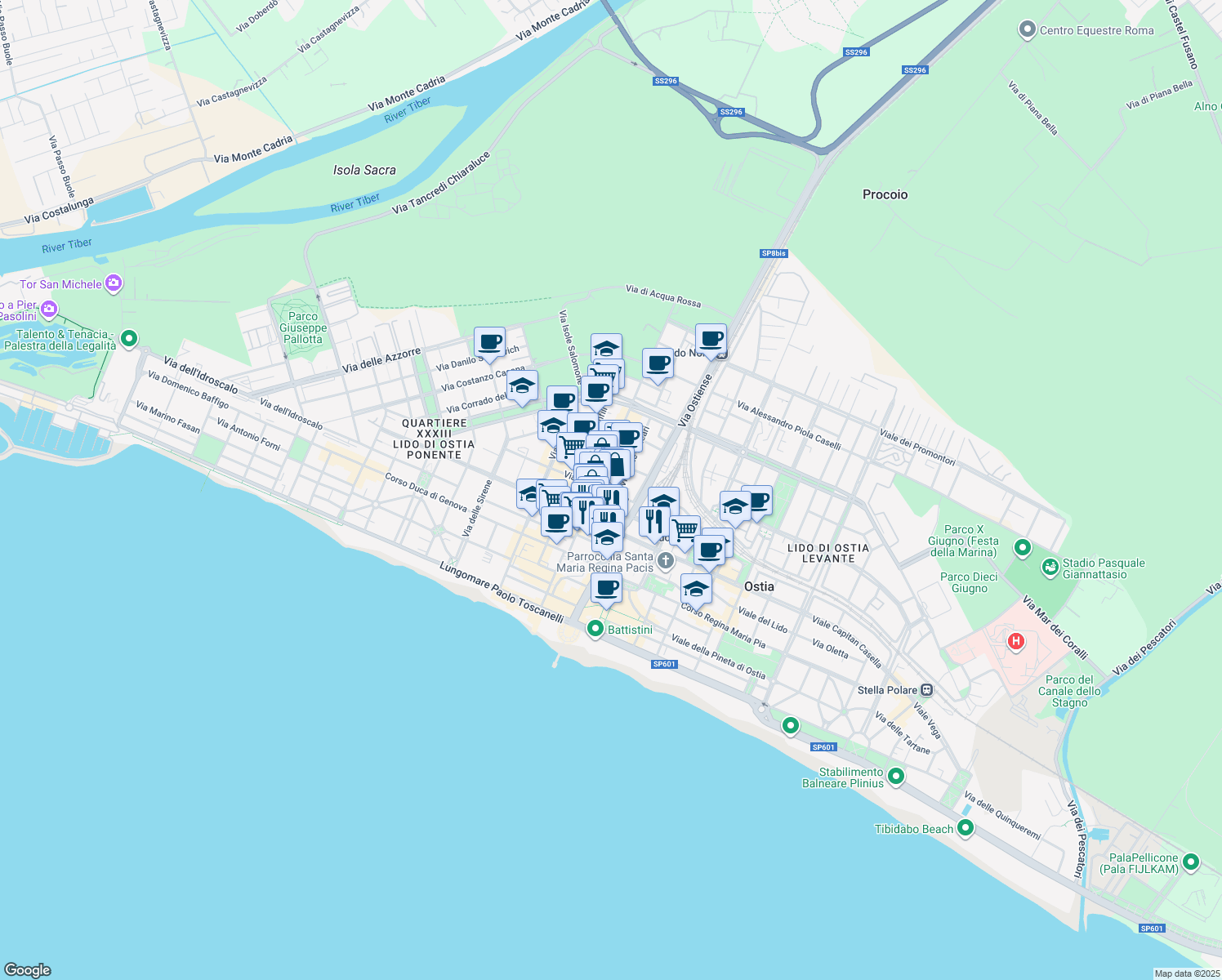 map of restaurants, bars, coffee shops, grocery stores, and more near 34 Via delle Gondole in Lido di Ostia