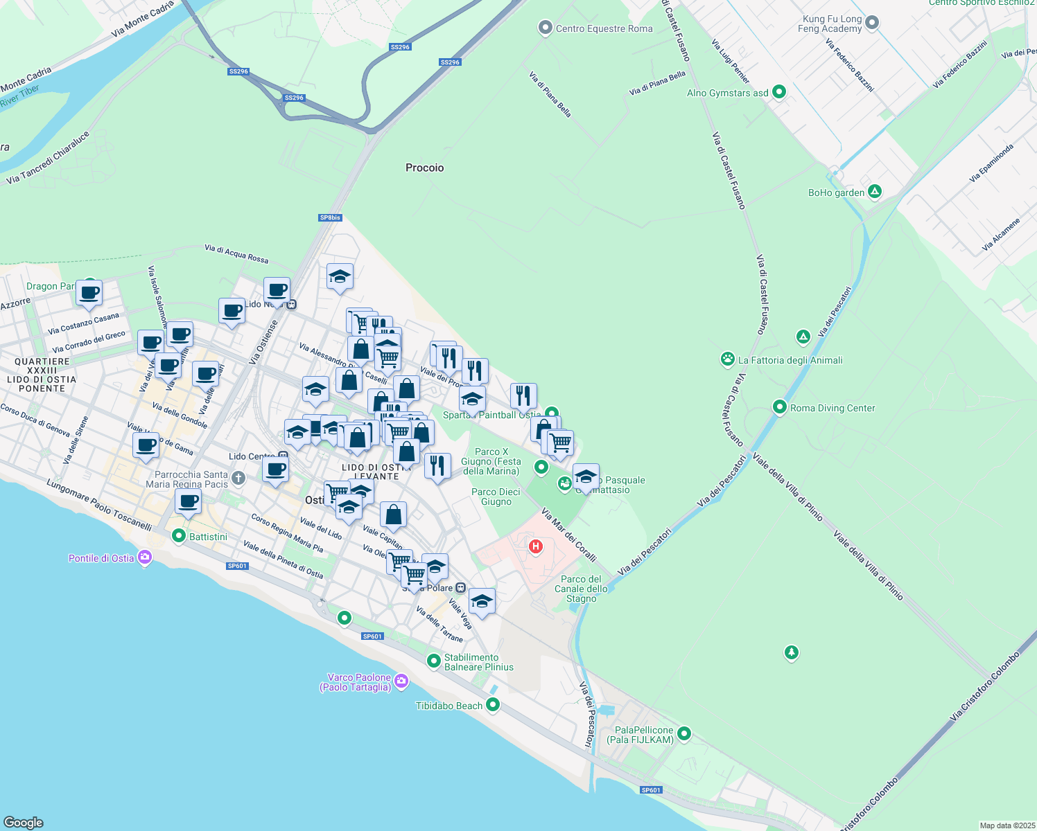 map of restaurants, bars, coffee shops, grocery stores, and more near 372 Viale dei Promontori in Lido di Ostia