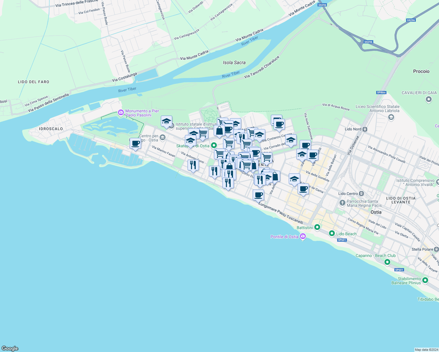 map of restaurants, bars, coffee shops, grocery stores, and more near 3 Via delle Zattere in Lido di Ostia