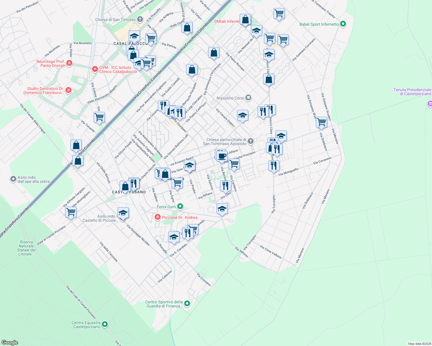 map of restaurants, bars, coffee shops, grocery stores, and more near 3 Largo Glorenza in Acilia-Castel Fusano-Ostia Antica