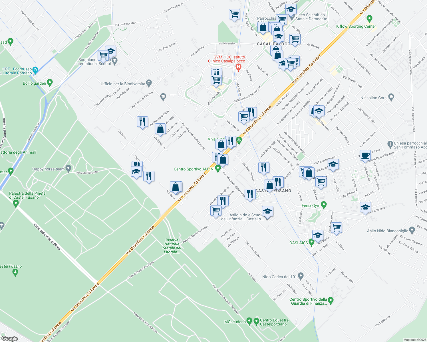 map of restaurants, bars, coffee shops, grocery stores, and more near 140 Via del Canale della Lingua in Città Metropolitana di Roma