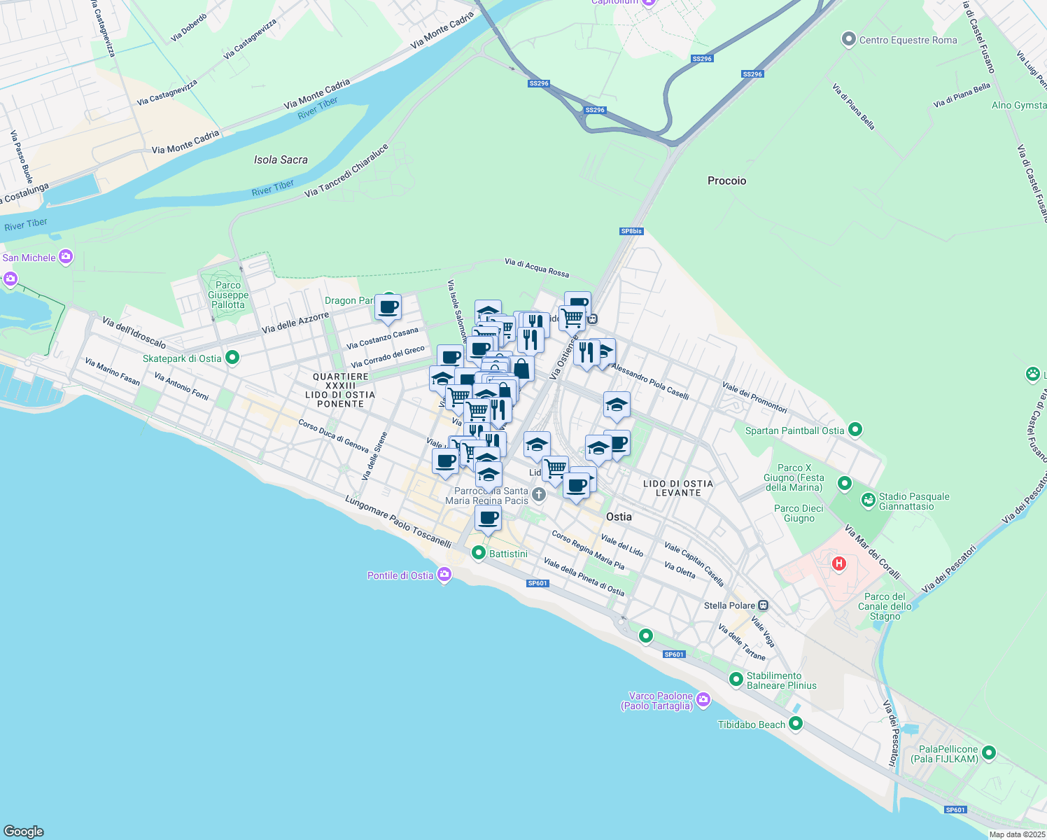 map of restaurants, bars, coffee shops, grocery stores, and more near 81 Viale dei Romagnoli in Lido di Ostia