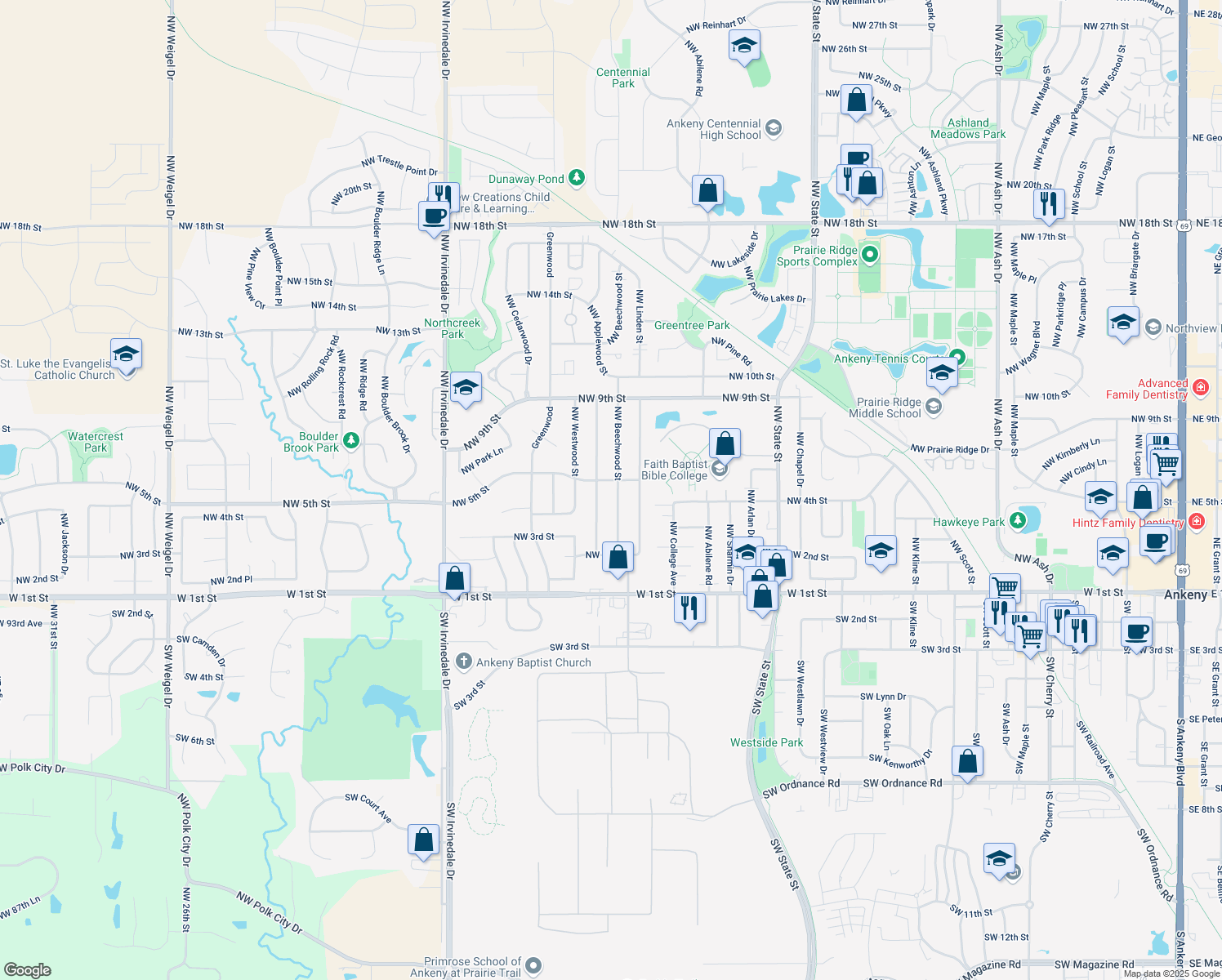 map of restaurants, bars, coffee shops, grocery stores, and more near 412 Northwest Beechwood Street in Ankeny