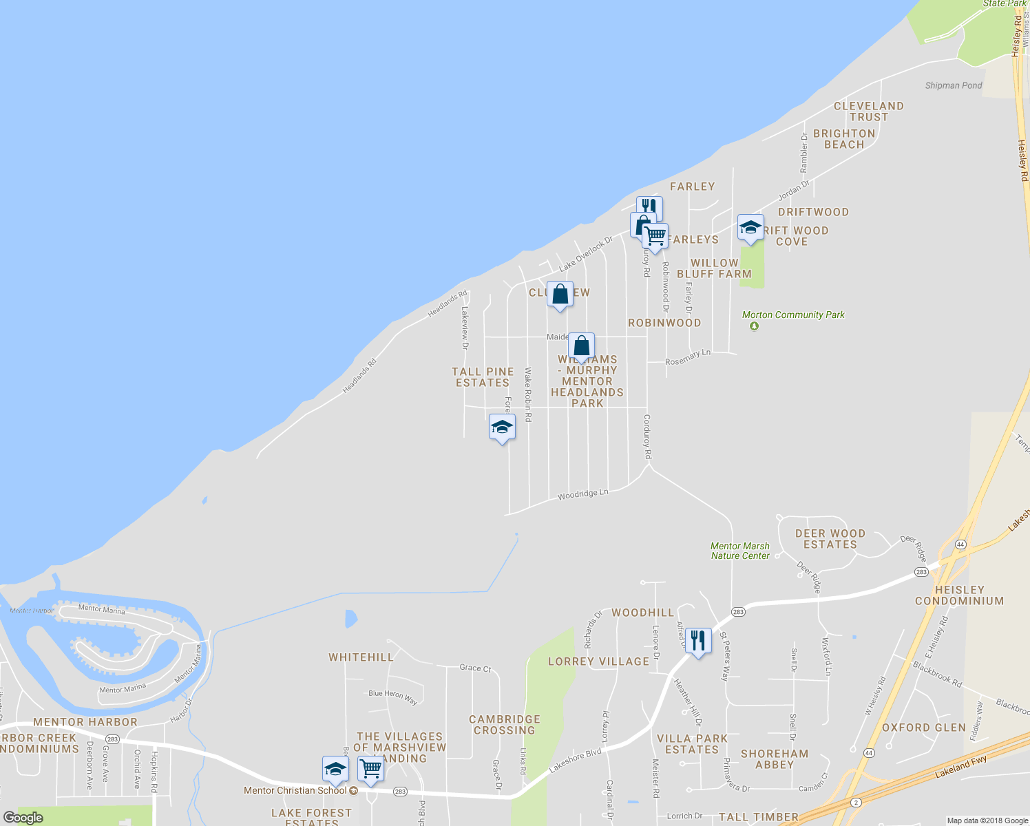 map of restaurants, bars, coffee shops, grocery stores, and more near 4957 Forest Road in Mentor