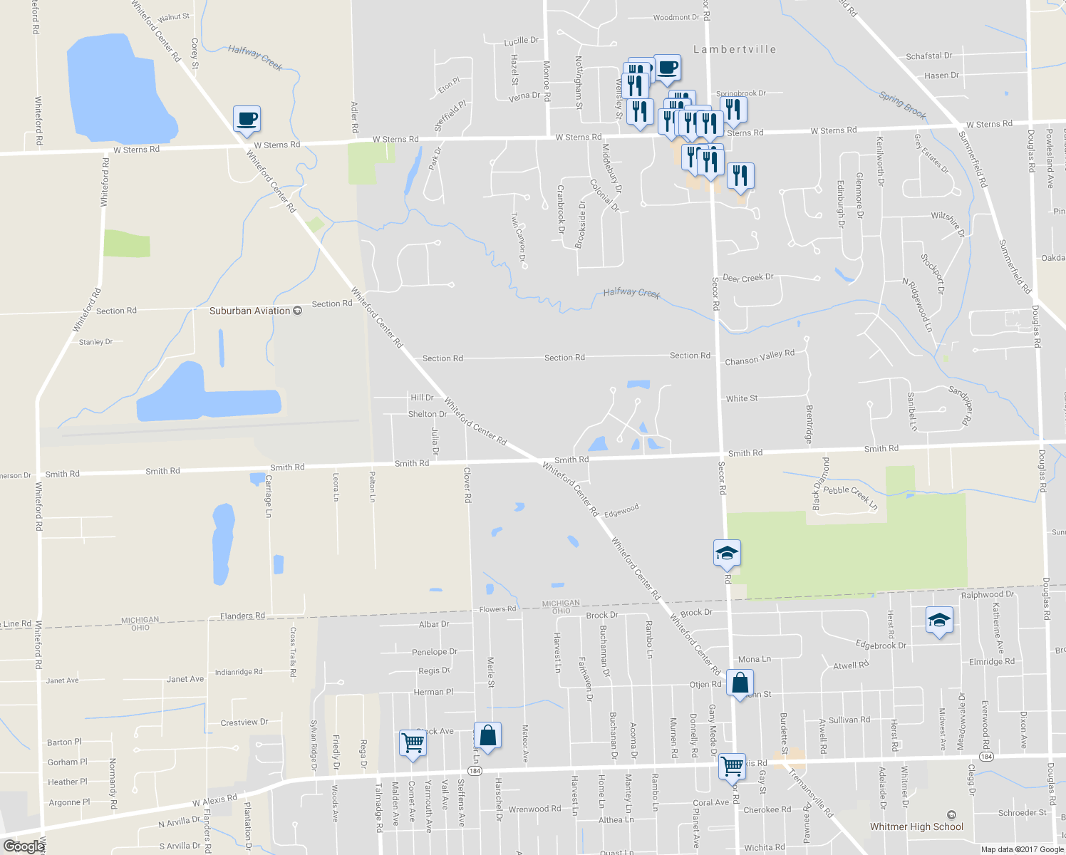 map of restaurants, bars, coffee shops, grocery stores, and more near 6590 Whiteford Center Road in Lambertville