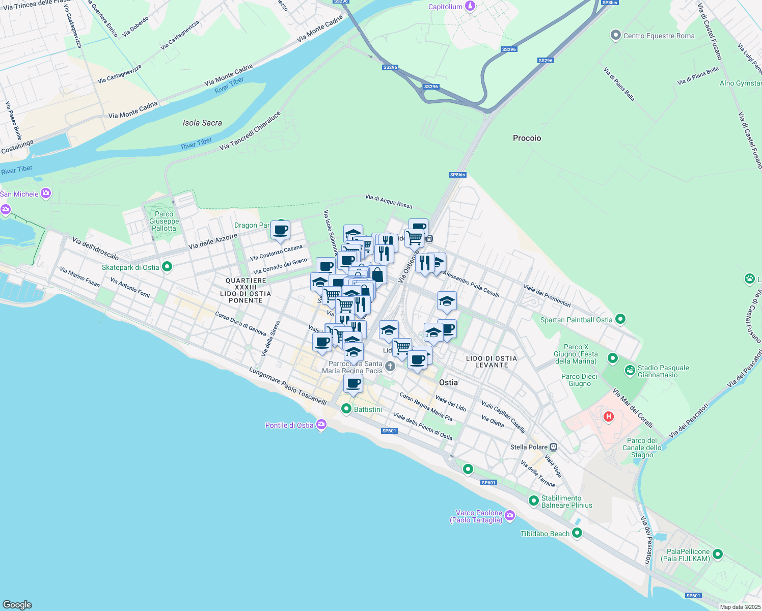 map of restaurants, bars, coffee shops, grocery stores, and more near 81 Viale dei Romagnoli in Lido di Ostia
