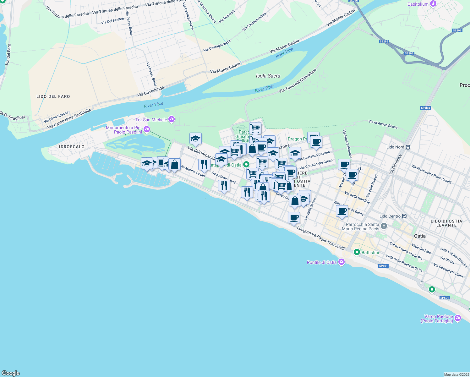 map of restaurants, bars, coffee shops, grocery stores, and more near 10 Via Guido Vincon in Lido di Ostia