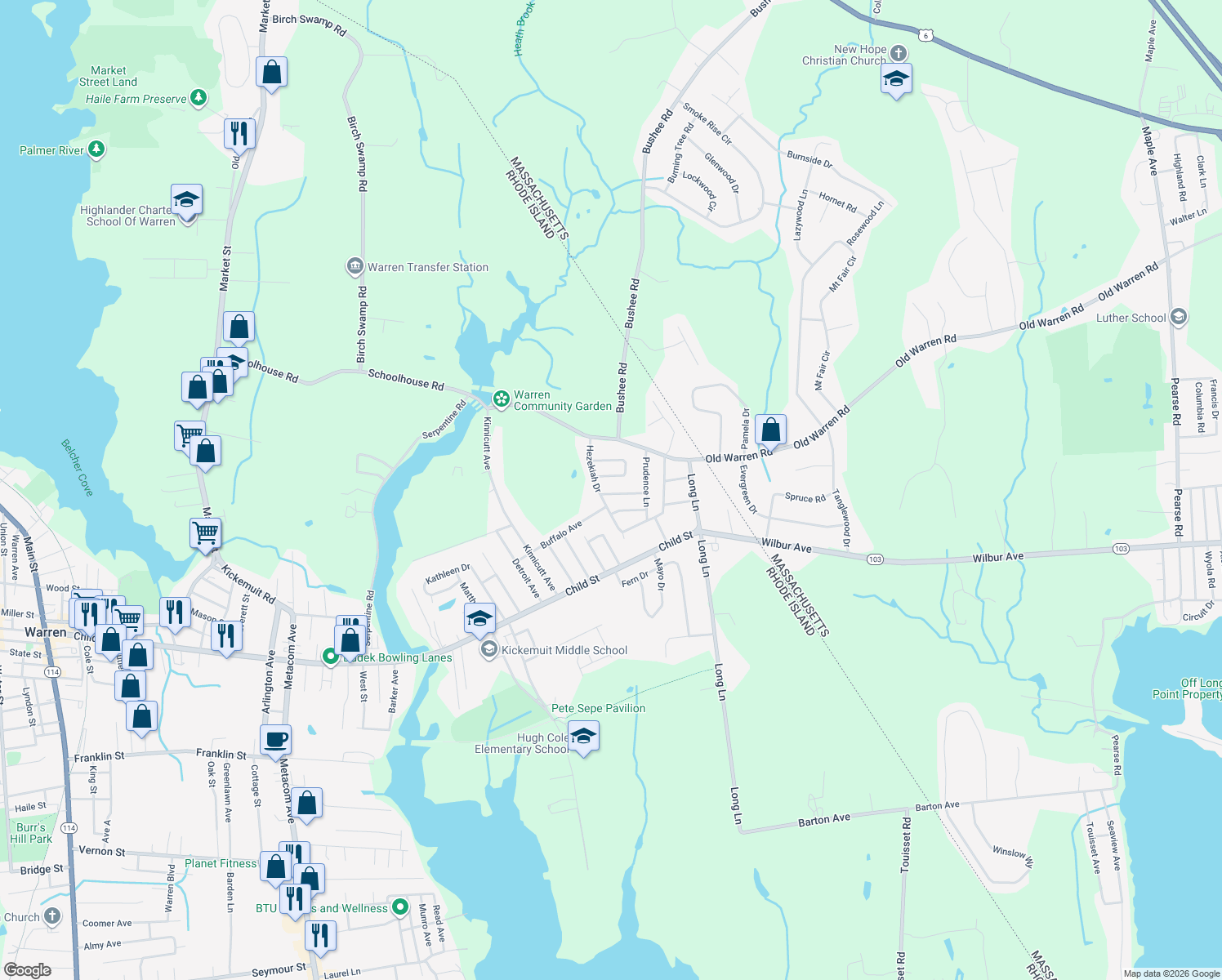 map of restaurants, bars, coffee shops, grocery stores, and more near 17 Patience Ln in Warren