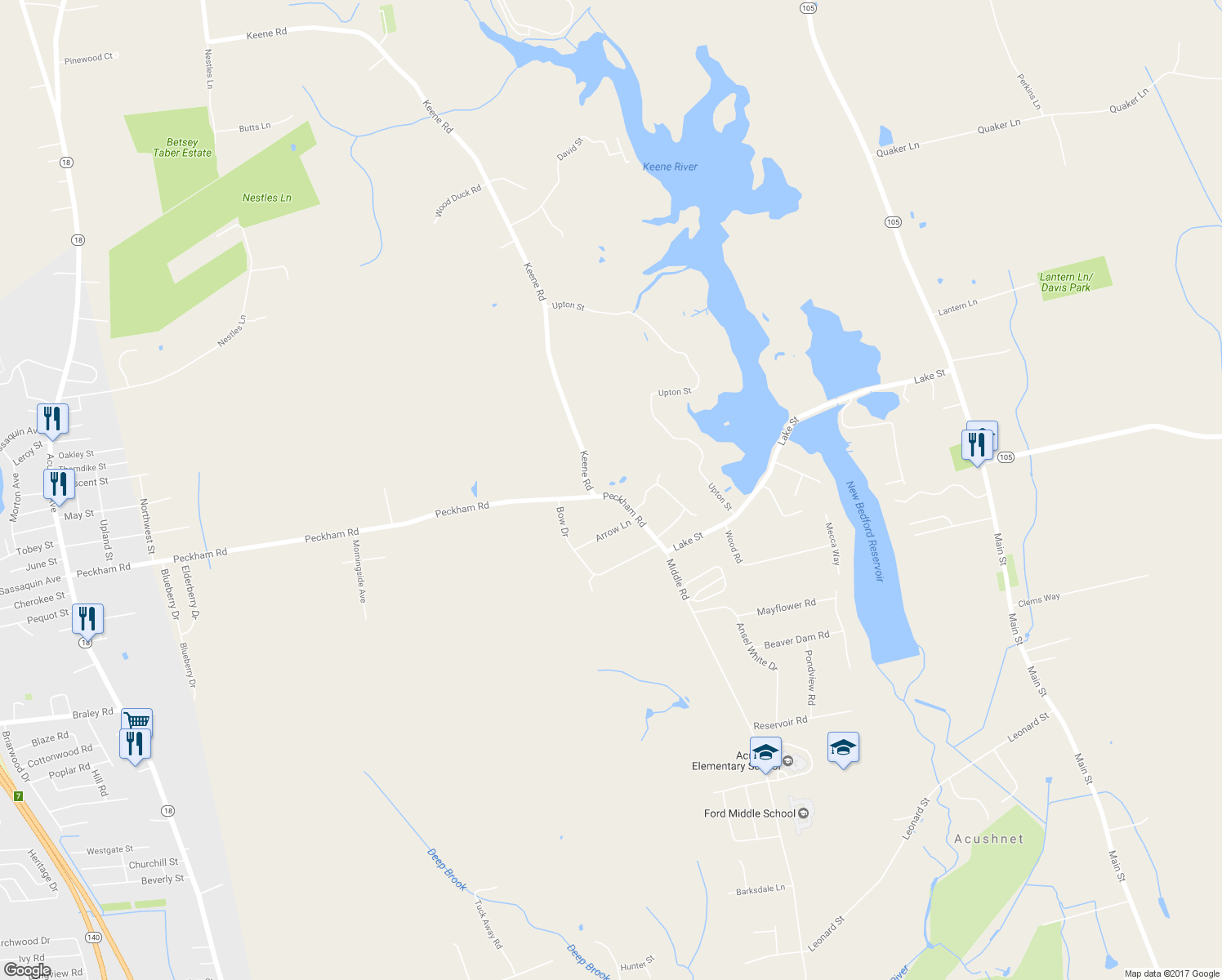 map of restaurants, bars, coffee shops, grocery stores, and more near 265 Peckham Road in Acushnet