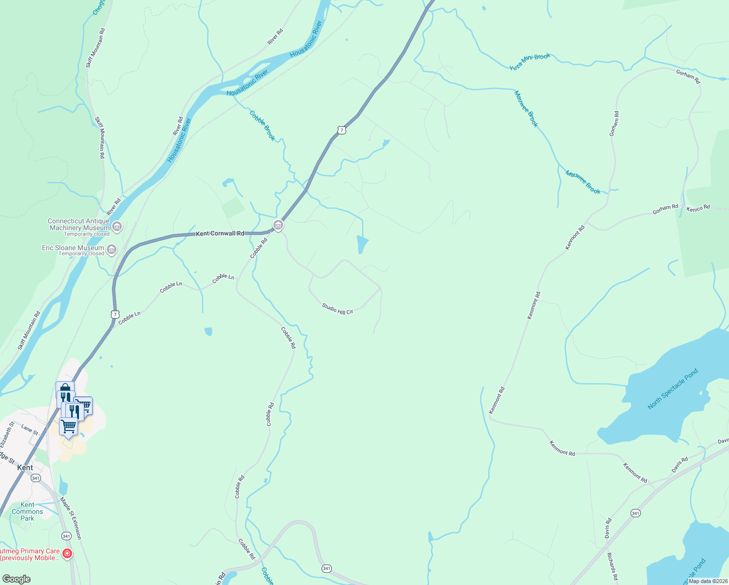 map of restaurants, bars, coffee shops, grocery stores, and more near 53 Studio Hill Cir in Kent