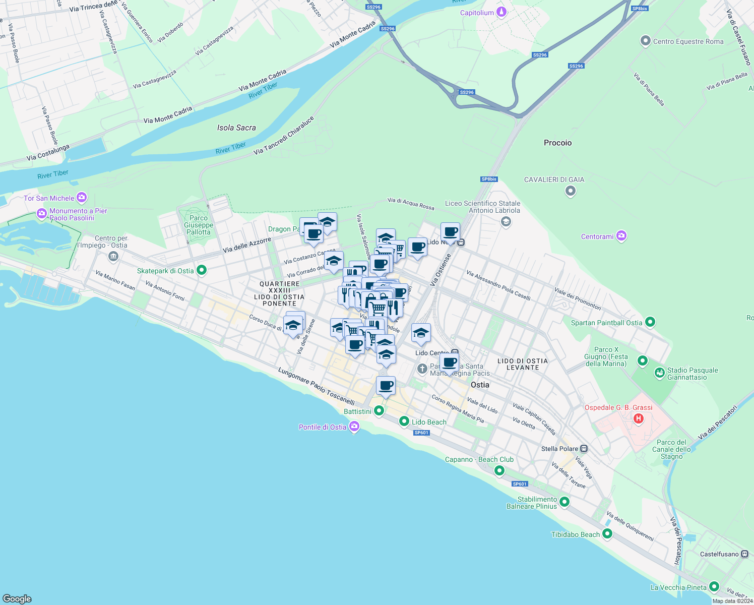 map of restaurants, bars, coffee shops, grocery stores, and more near 94 Via dei Panfili in Lido di Ostia