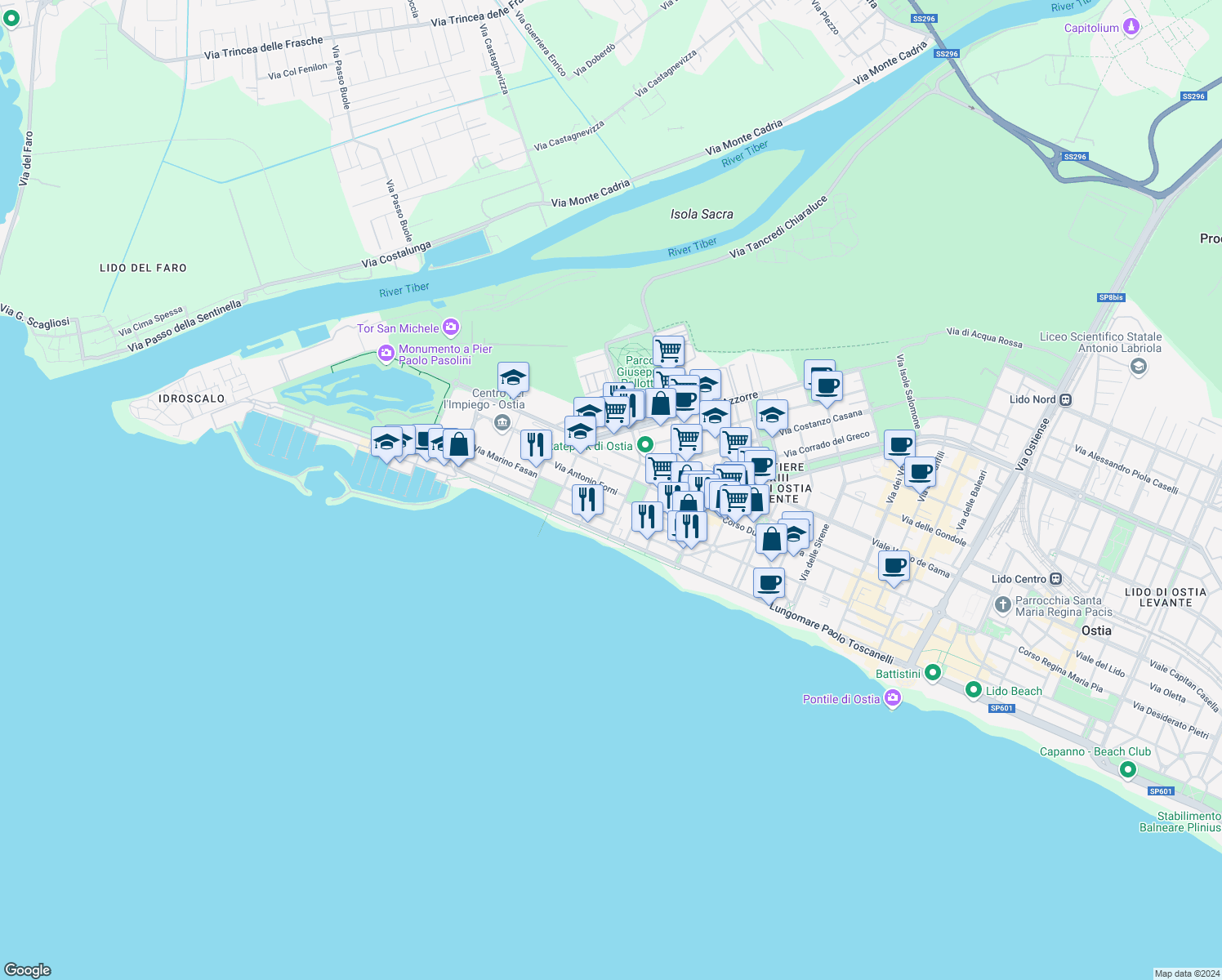 map of restaurants, bars, coffee shops, grocery stores, and more near 10 Via Guido Vincon in Lido di Ostia