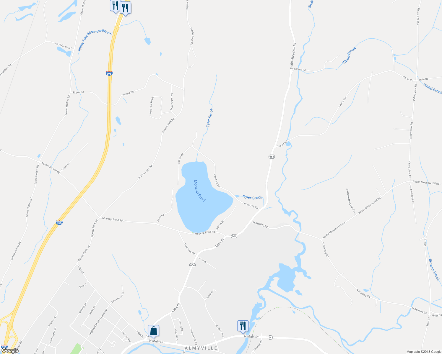 map of restaurants, bars, coffee shops, grocery stores, and more near 134 Pond Hill Road in Plainfield