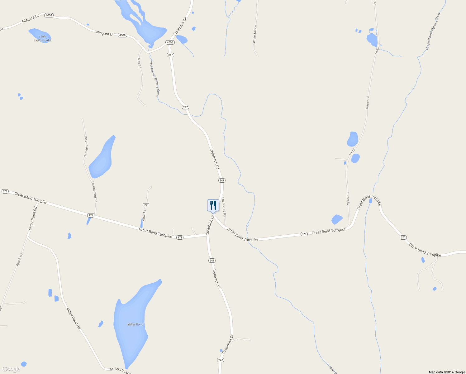 map of restaurants, bars, coffee shops, grocery stores, and more near 44 Franks Old Road in Pleasant Mount