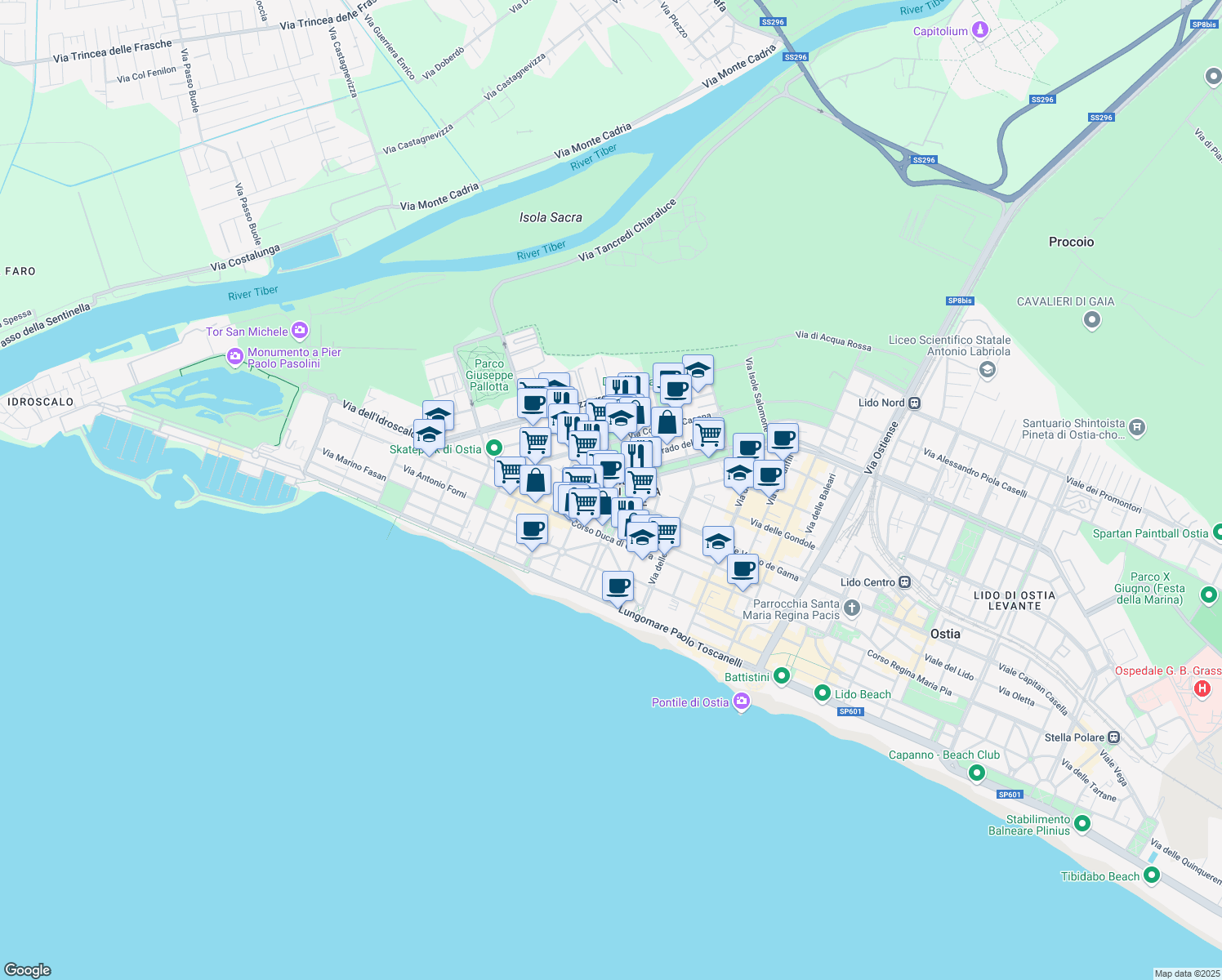map of restaurants, bars, coffee shops, grocery stores, and more near 10 Viale Alfredo Zambrini in Lido di Ostia