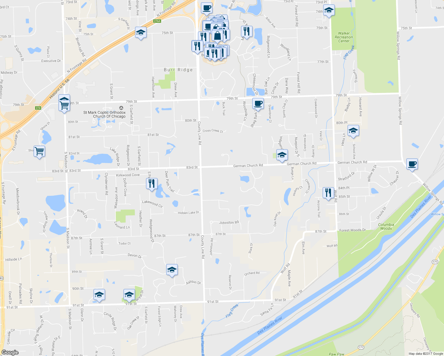 map of restaurants, bars, coffee shops, grocery stores, and more near 8333 South County Line Road in Burr Ridge