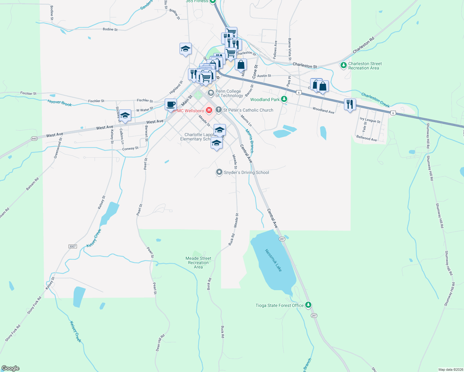 map of restaurants, bars, coffee shops, grocery stores, and more near 84 Meade St in Wellsboro