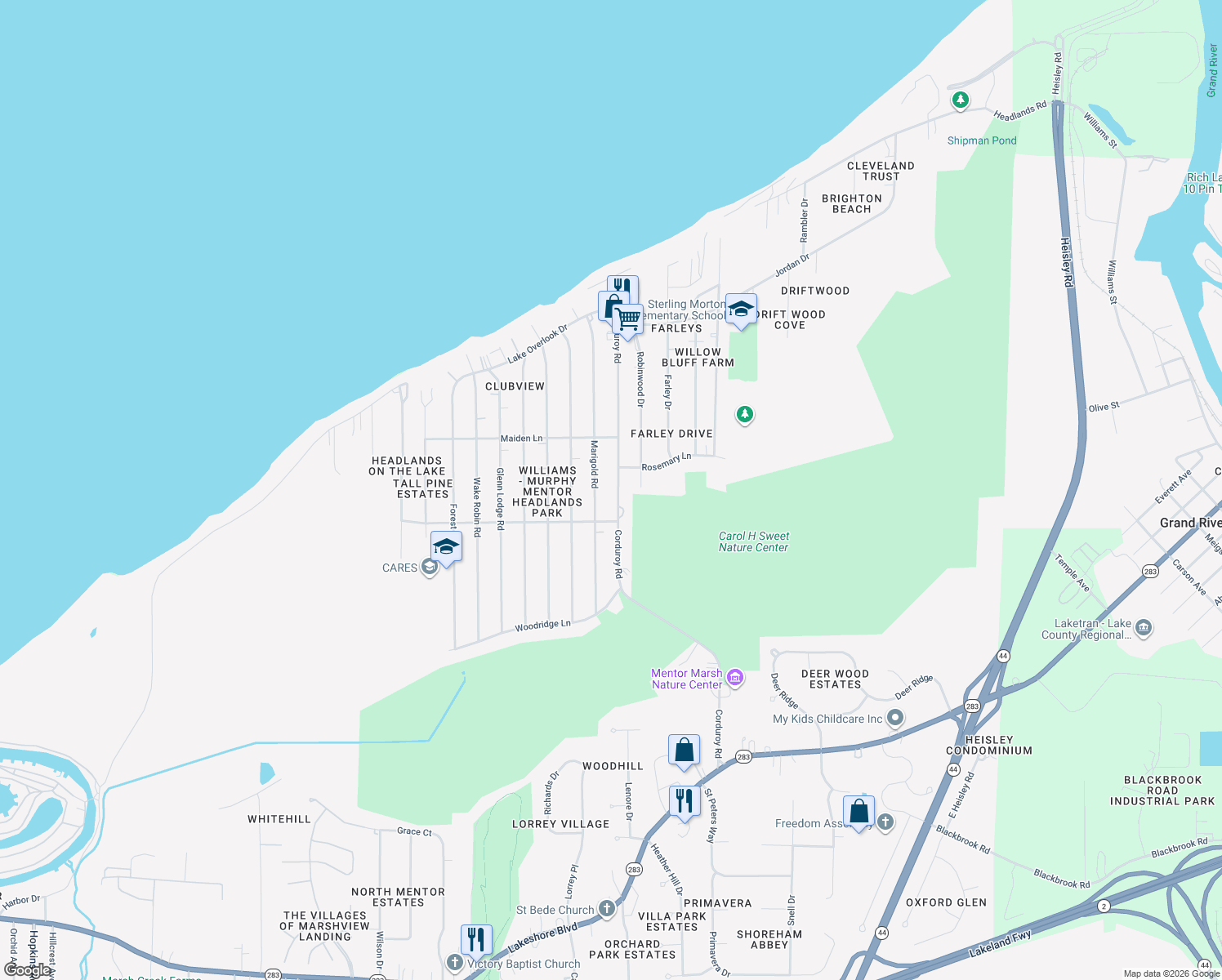 map of restaurants, bars, coffee shops, grocery stores, and more near 4904 Corduroy Road in Mentor