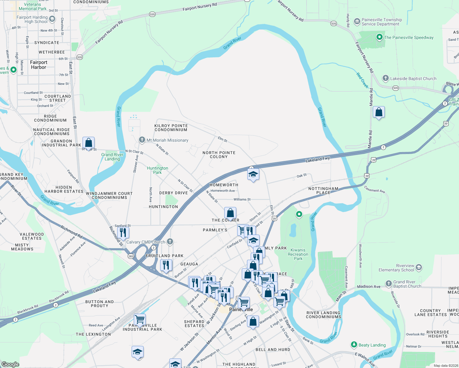 map of restaurants, bars, coffee shops, grocery stores, and more near 594 Shelby Ave in Painesville