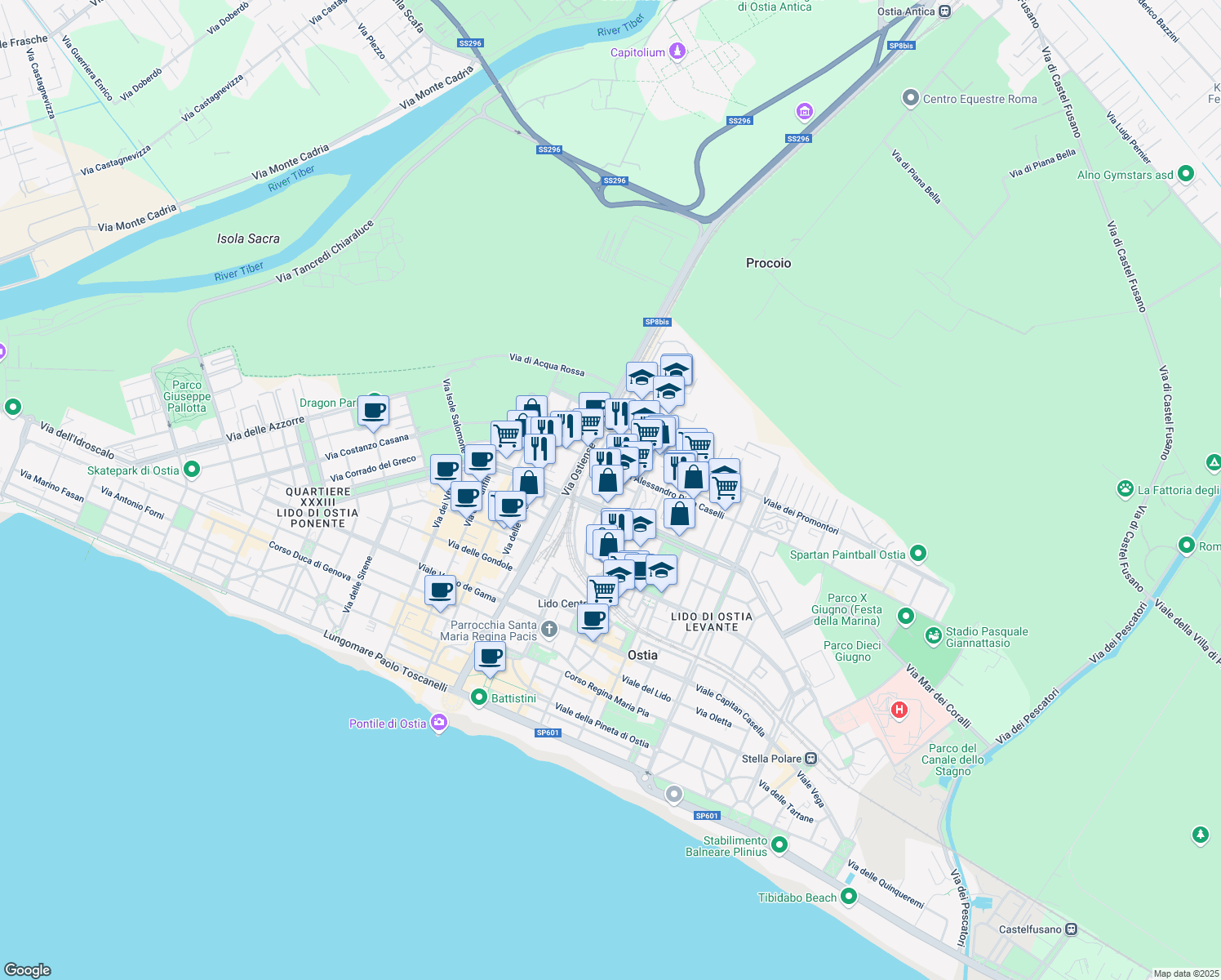 map of restaurants, bars, coffee shops, grocery stores, and more near Via Lorenzo Cusani Visconti in Lido di Ostia