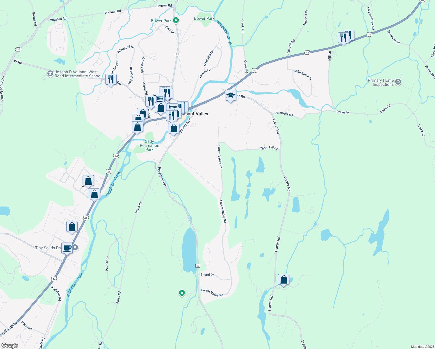 map of restaurants, bars, coffee shops, grocery stores, and more near 233 Forest Valley Road in Pleasant Valley