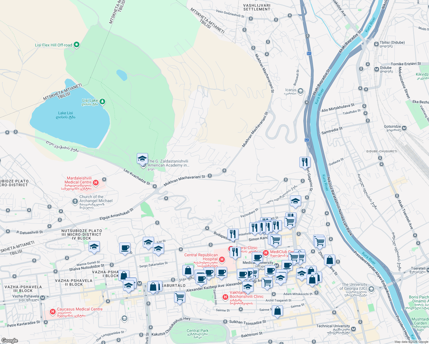 map of restaurants, bars, coffee shops, grocery stores, and more near Mukhran Machavariani Street in T'bilisi