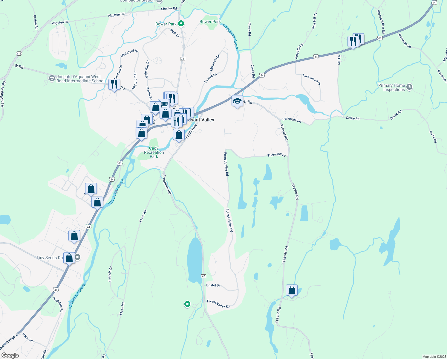 map of restaurants, bars, coffee shops, grocery stores, and more near 233 Forest Valley Road in Pleasant Valley