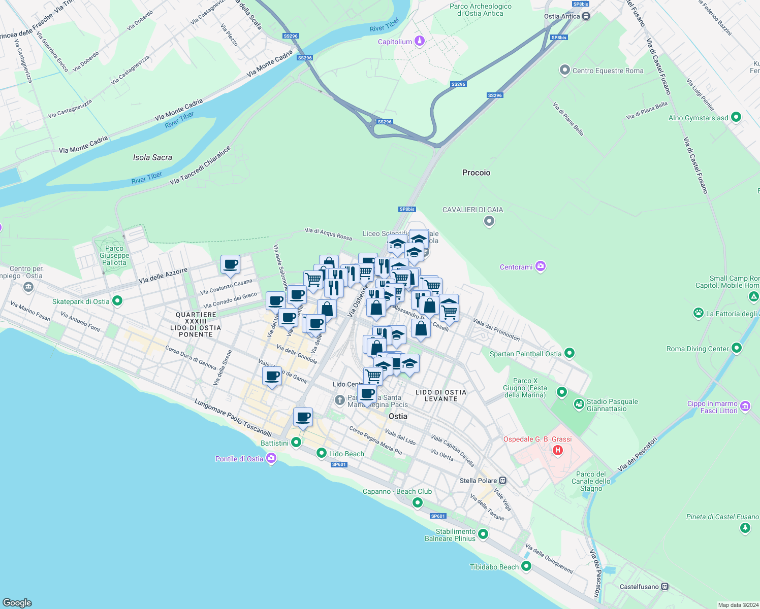 map of restaurants, bars, coffee shops, grocery stores, and more near Via Lorenzo Cusani Visconti in Lido di Ostia