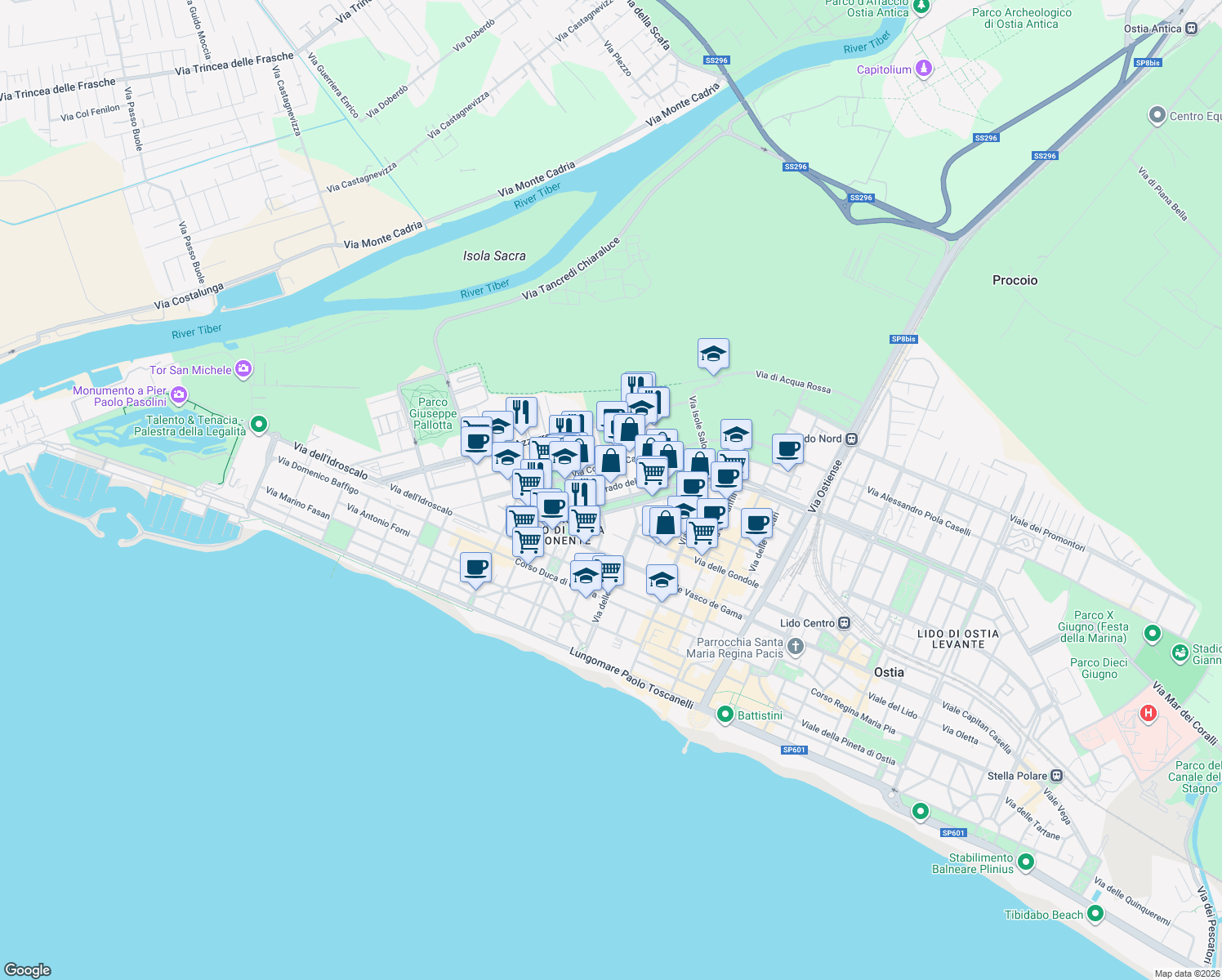 map of restaurants, bars, coffee shops, grocery stores, and more near 79 Via Corrado del Greco in Lido di Ostia