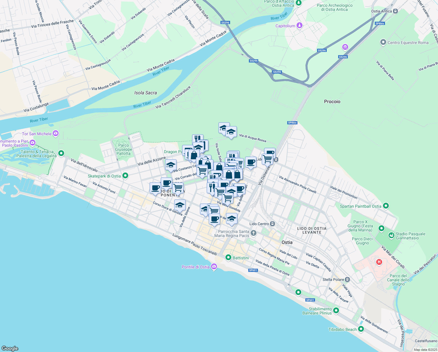 map of restaurants, bars, coffee shops, grocery stores, and more near 79 Via Isole del Capo Verde in Lido di Ostia