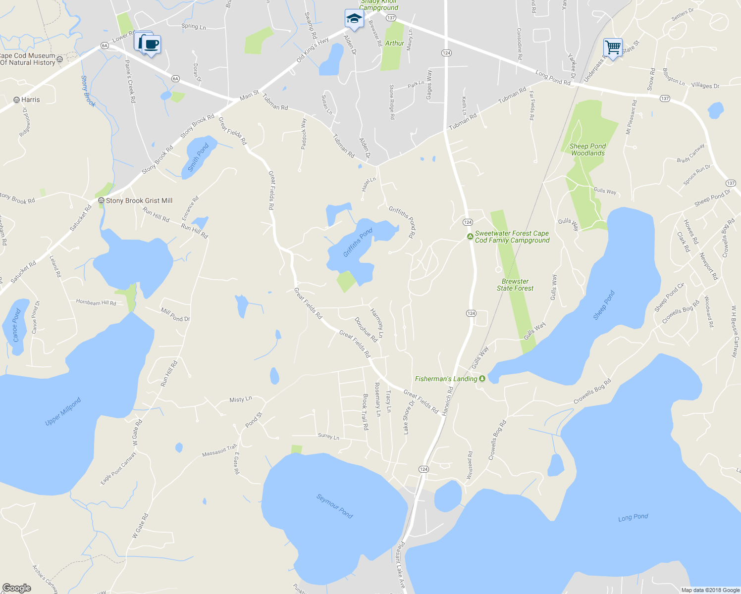 map of restaurants, bars, coffee shops, grocery stores, and more near 155 Damon Road in Brewster