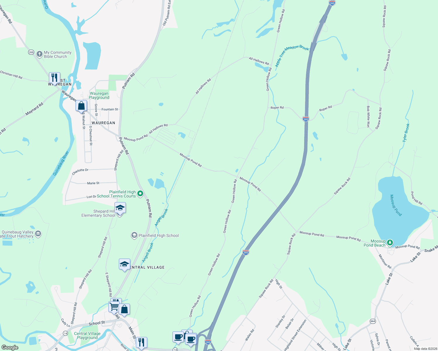 map of restaurants, bars, coffee shops, grocery stores, and more near 174 Moosup Pond Road in Plainfield