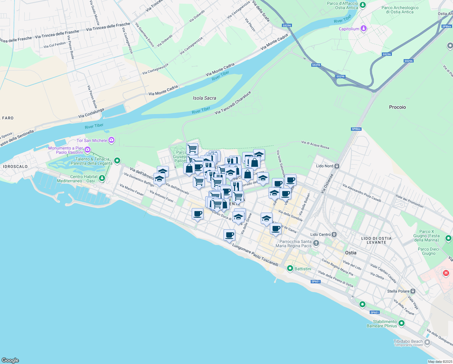 map of restaurants, bars, coffee shops, grocery stores, and more near 108 Via Aristide Carabelli in Lido di Ostia