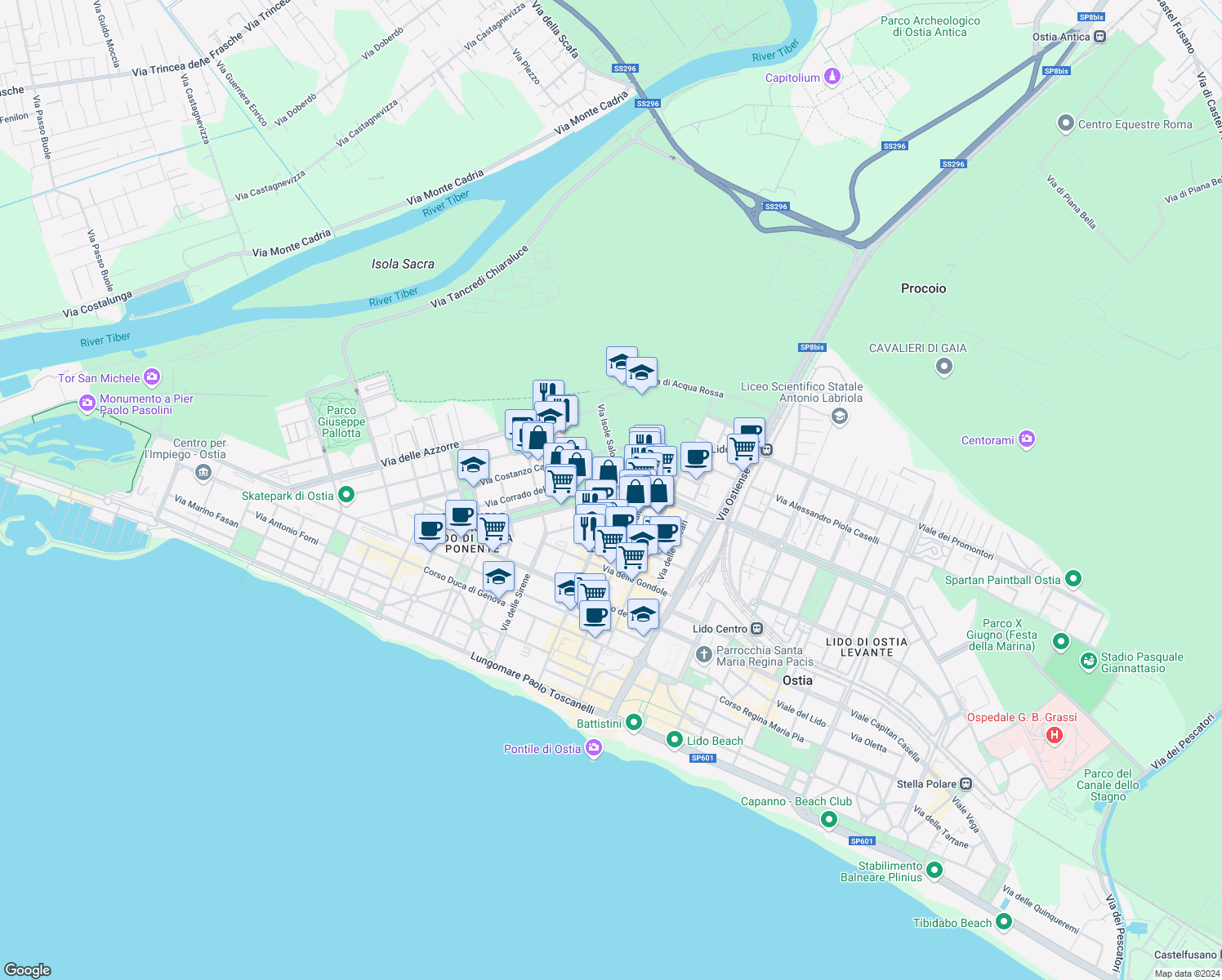 map of restaurants, bars, coffee shops, grocery stores, and more near 79 Via Isole del Capo Verde in Lido di Ostia