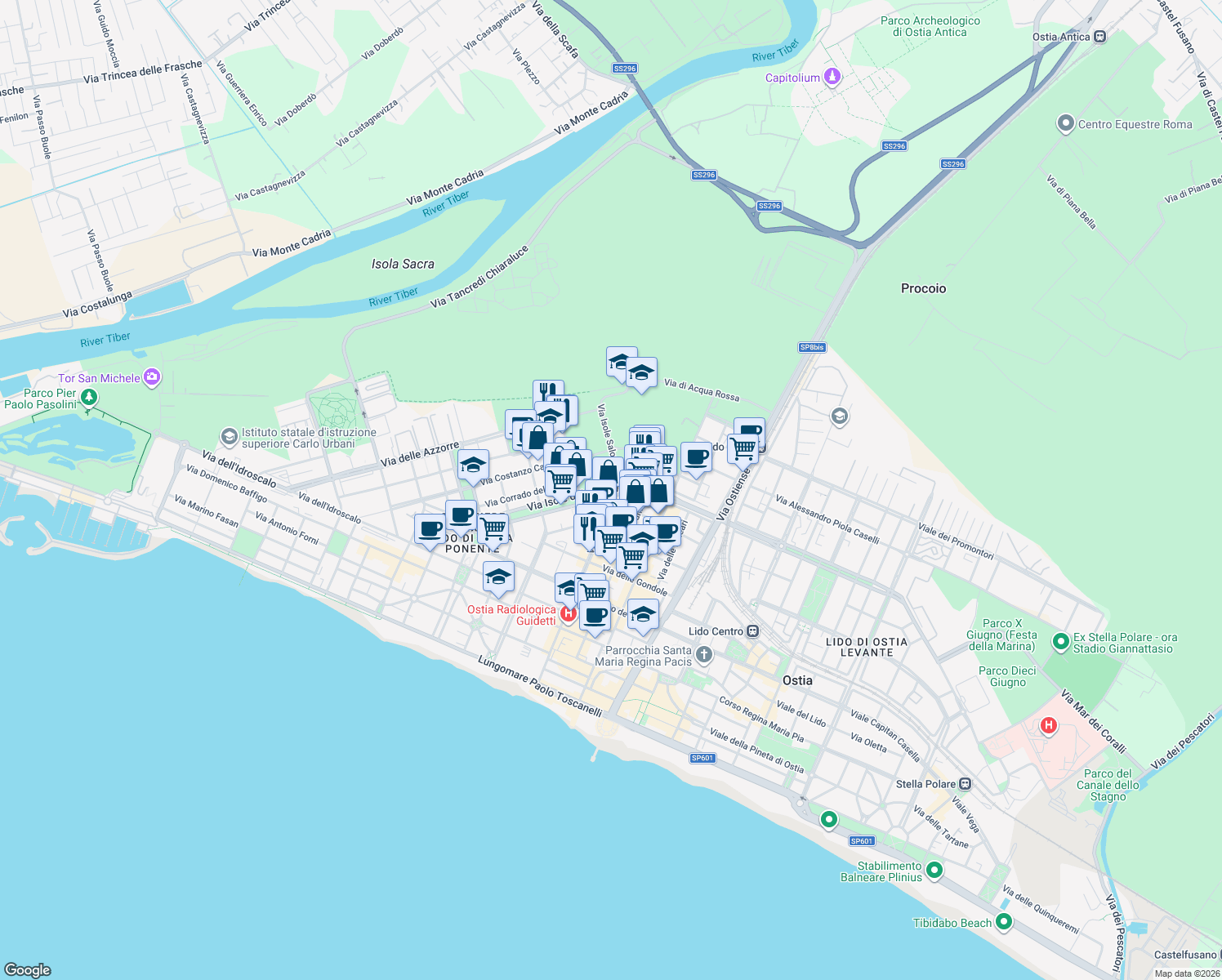 map of restaurants, bars, coffee shops, grocery stores, and more near 79 Via Isole del Capo Verde in Lido di Ostia