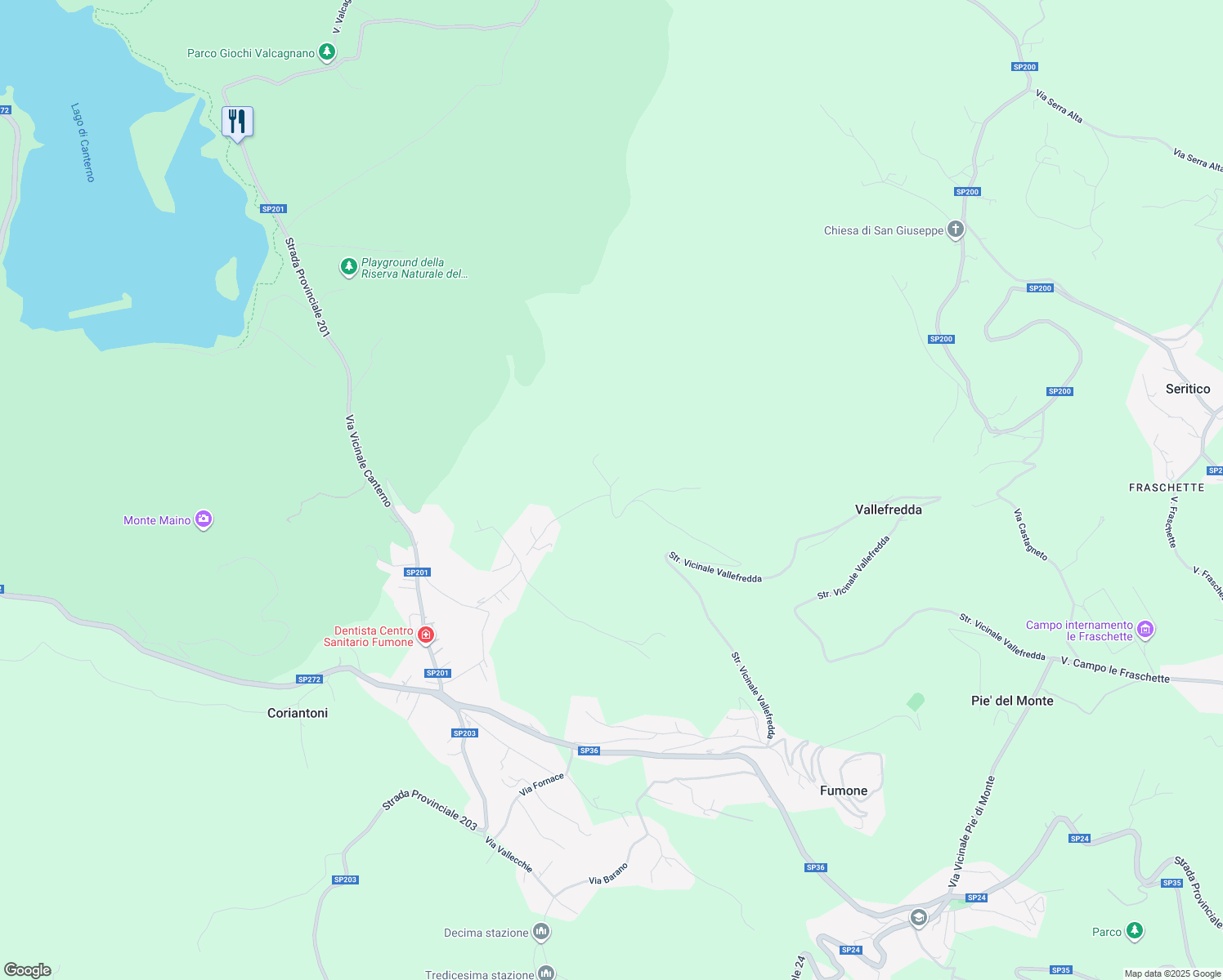 map of restaurants, bars, coffee shops, grocery stores, and more near Strada Vicinale Vallefredda in Frosinone