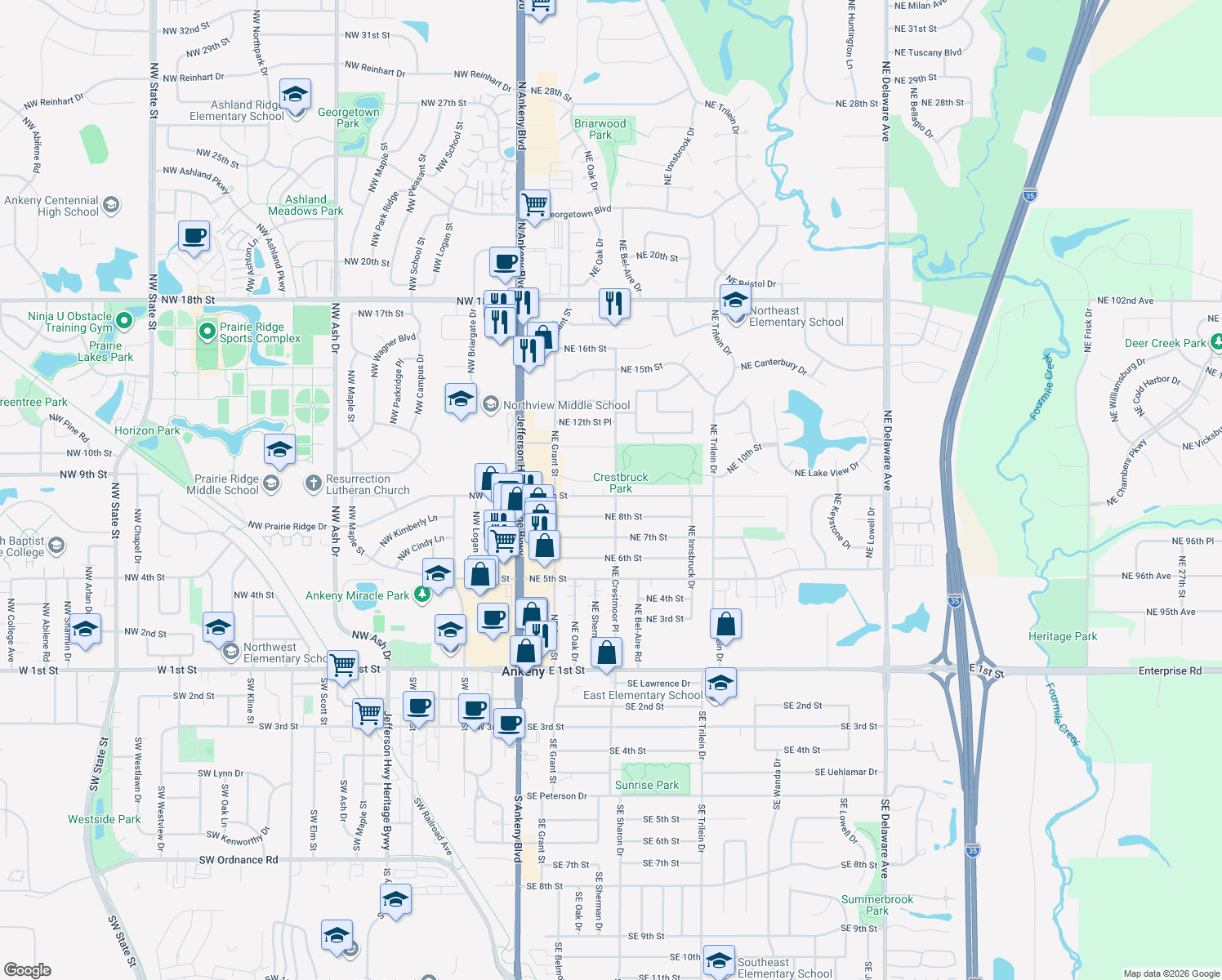 map of restaurants, bars, coffee shops, grocery stores, and more near 326 NE 9th St in Ankeny