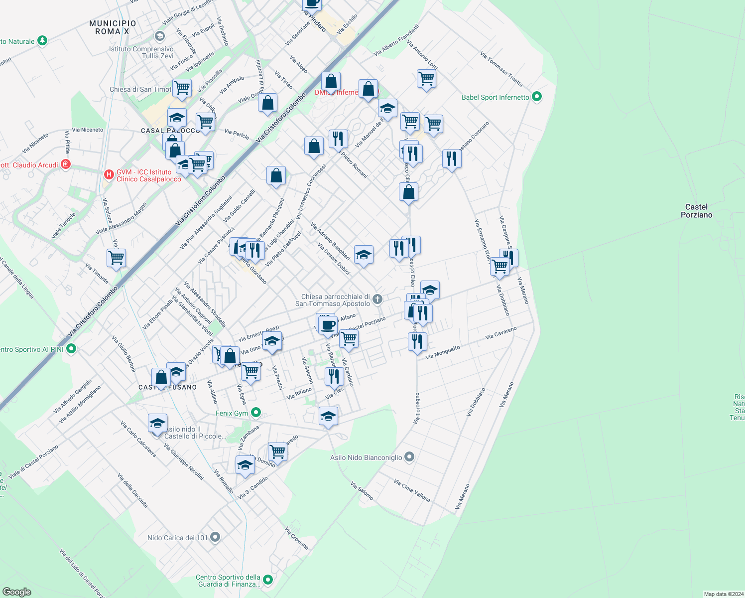 map of restaurants, bars, coffee shops, grocery stores, and more near 70 Via Lino Liviabella in Città Metropolitana di Roma