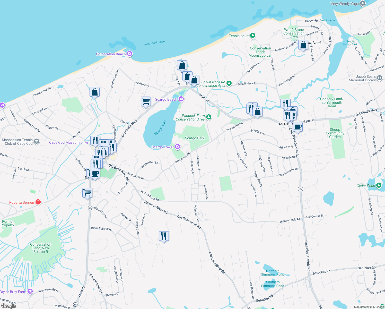 map of restaurants, bars, coffee shops, grocery stores, and more near 4 Mooring Lane in Dennis