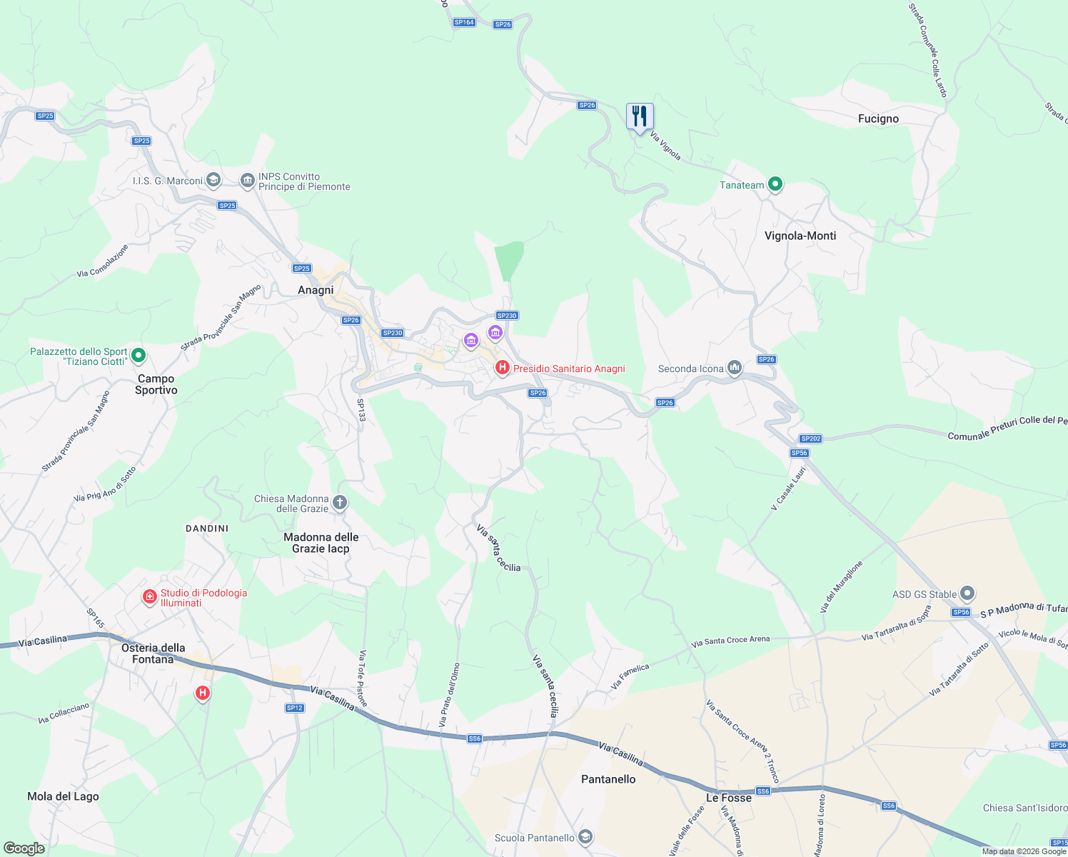 map of restaurants, bars, coffee shops, grocery stores, and more near 7 Via Rigliano in Anagni