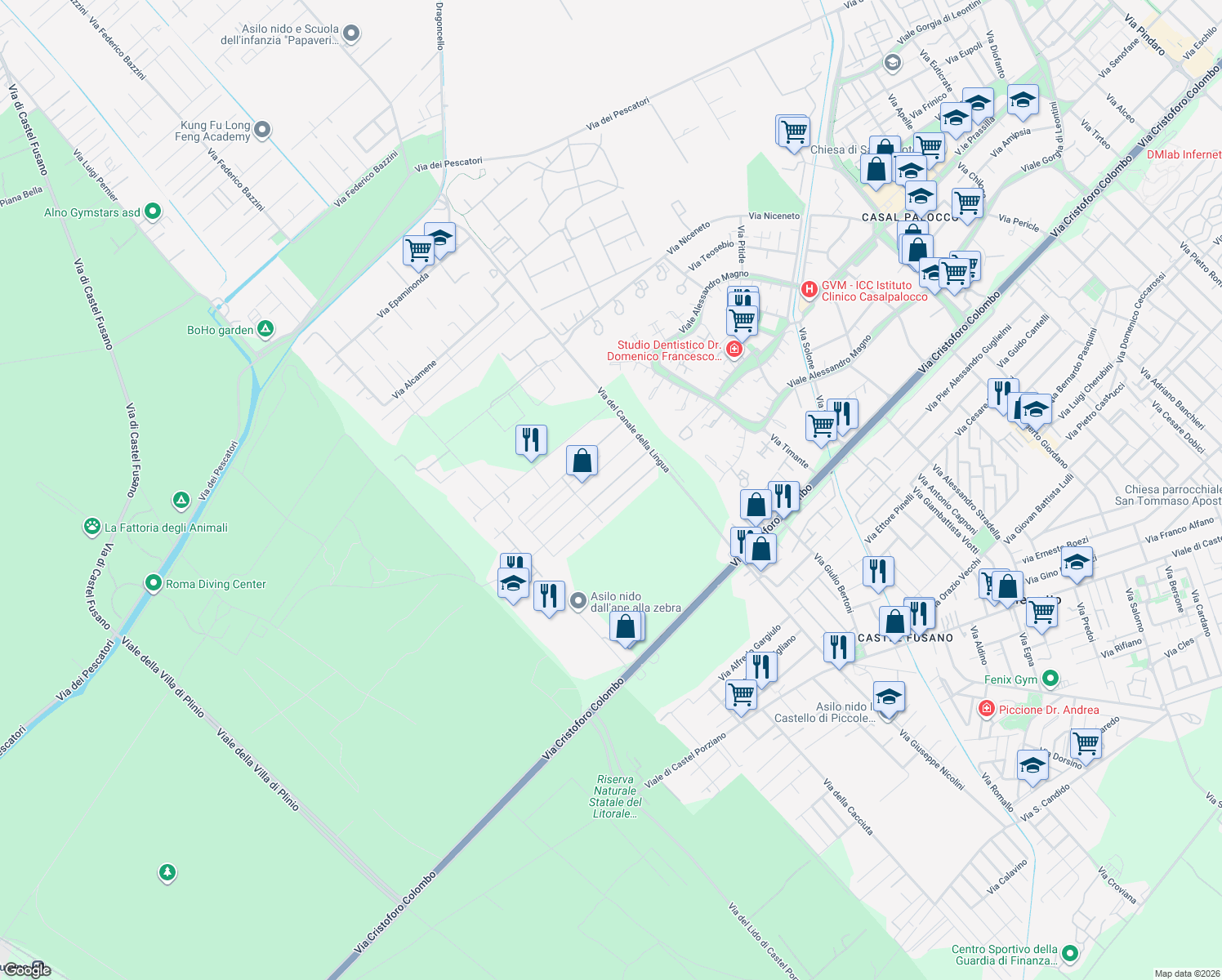 map of restaurants, bars, coffee shops, grocery stores, and more near 61 Via Conone in Città metropolitana di Roma Capitale