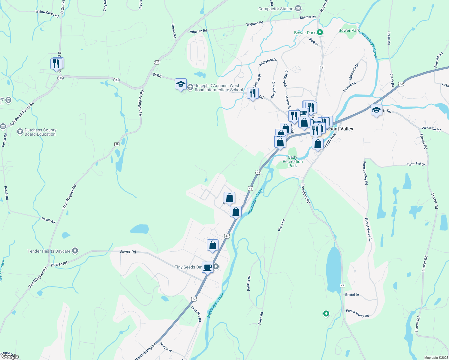 map of restaurants, bars, coffee shops, grocery stores, and more near 25 Siebrecht Rd in Pleasant Valley