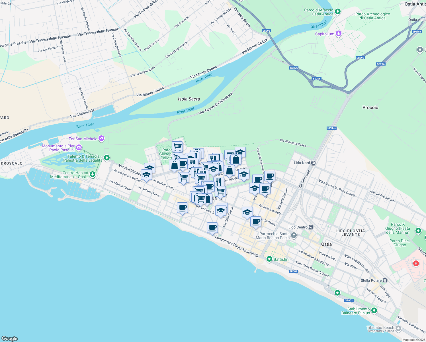 map of restaurants, bars, coffee shops, grocery stores, and more near 108 Via Aristide Carabelli in Lido di Ostia