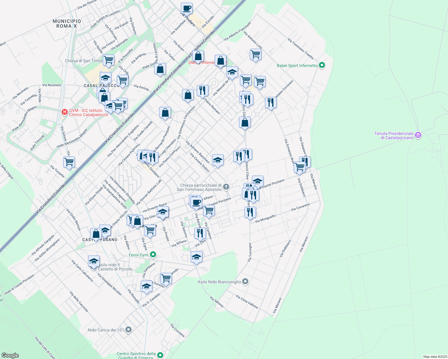 map of restaurants, bars, coffee shops, grocery stores, and more near 70 Via Lino Liviabella in Città Metropolitana di Roma