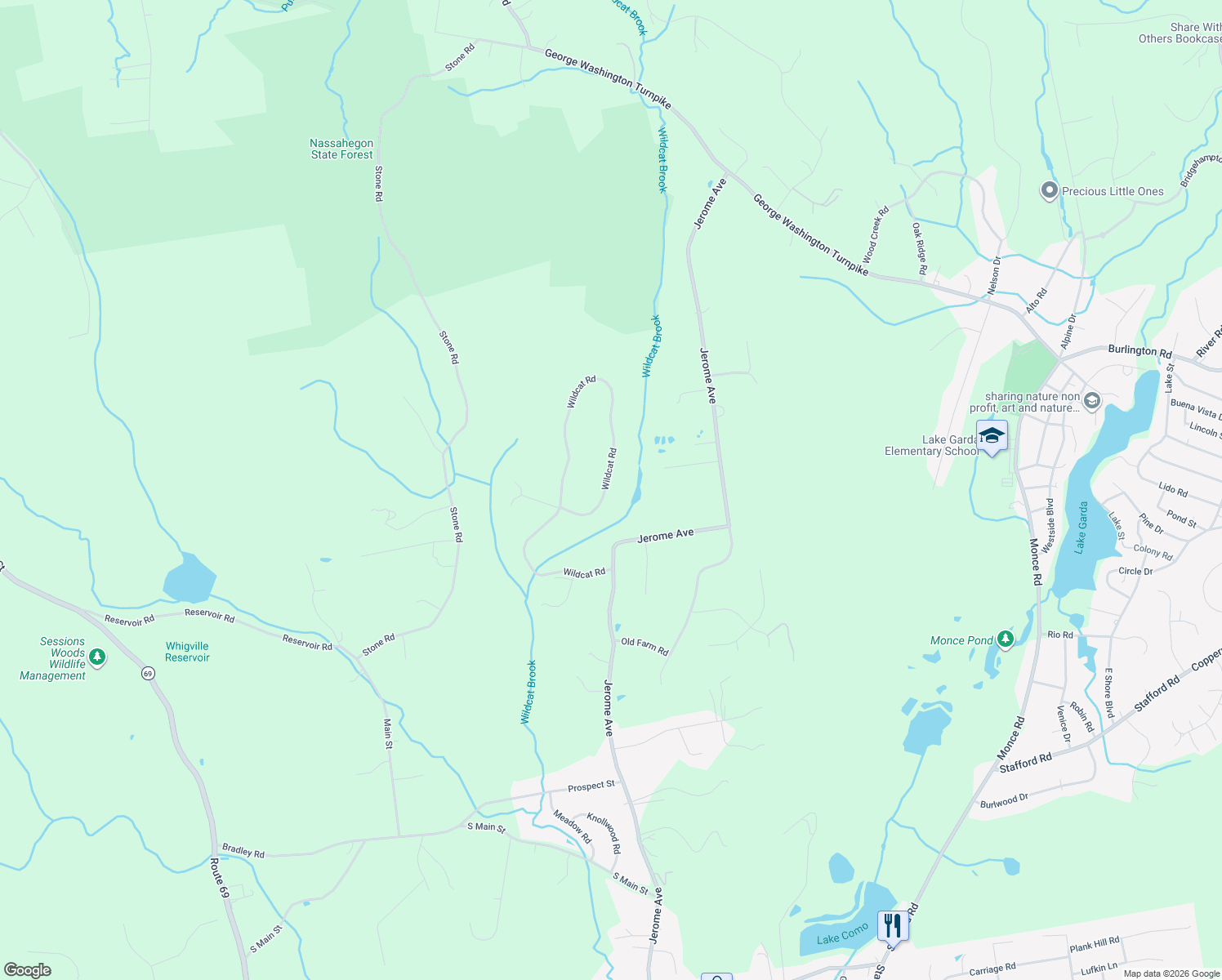 map of restaurants, bars, coffee shops, grocery stores, and more near 73 Wildcat Road in Burlington