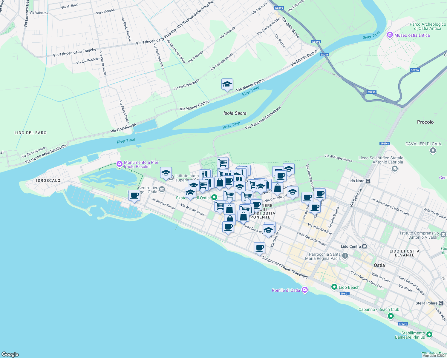map of restaurants, bars, coffee shops, grocery stores, and more near 67 Via dell'Appagliatore in Lido di Ostia