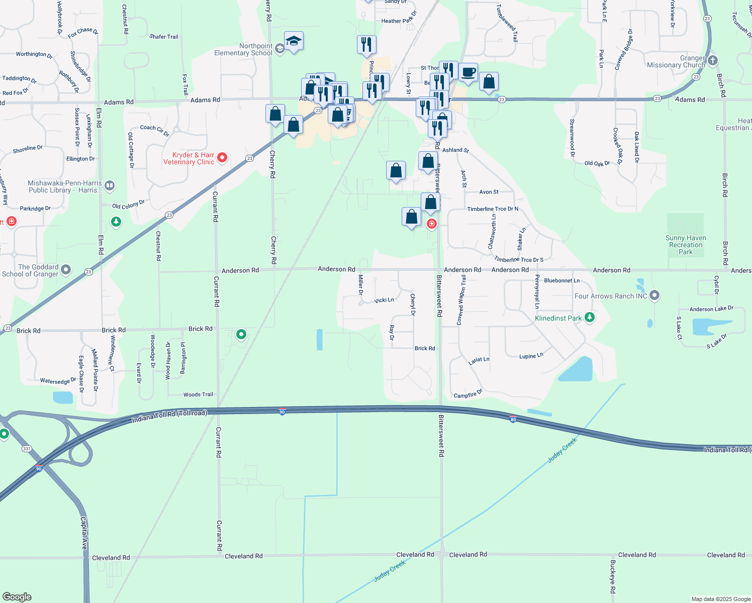 map of restaurants, bars, coffee shops, grocery stores, and more near 12798 Vicki Ln in Granger