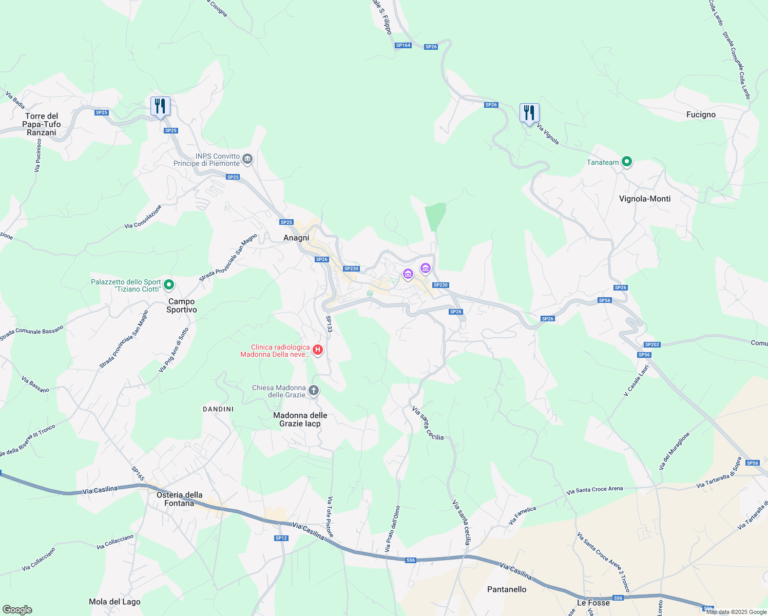 map of restaurants, bars, coffee shops, grocery stores, and more near 74 Circonvallazione Sotto Le Mura in Anagni